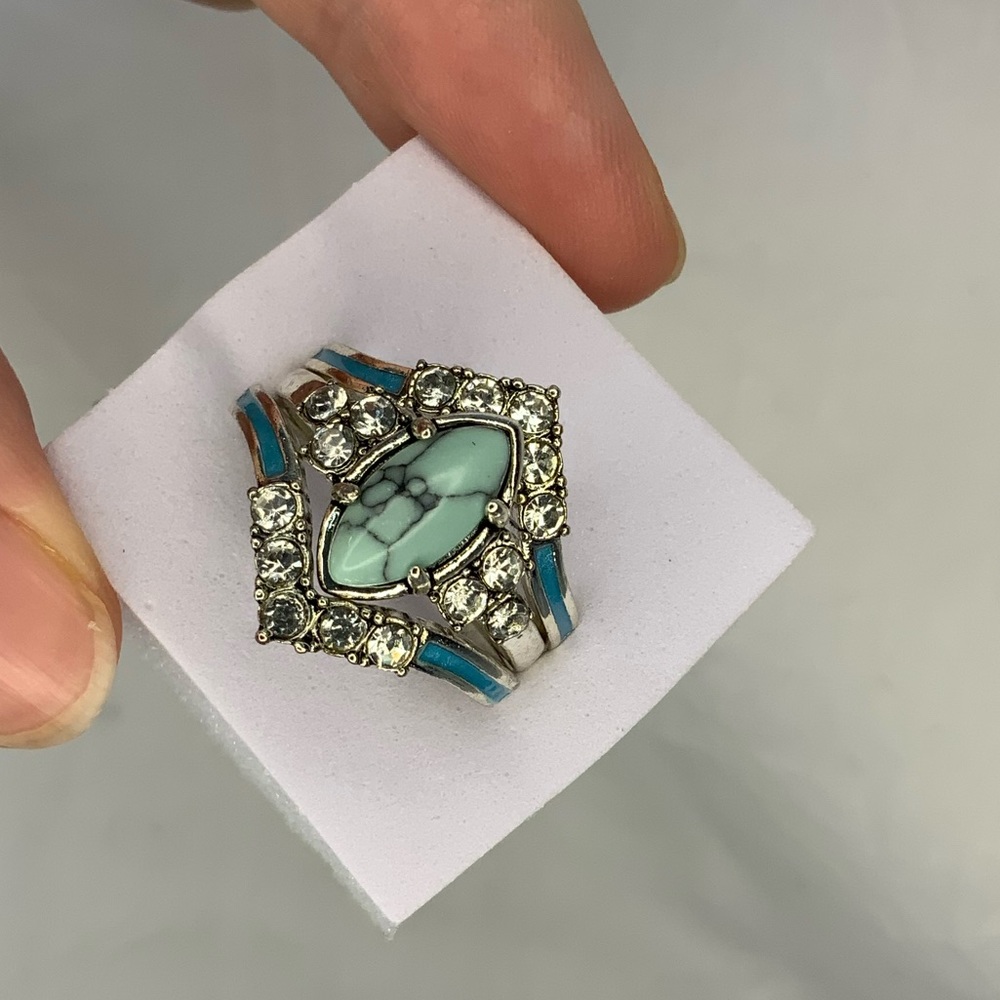 New three in one Turquoise Ring with Mojssanite Silver plated 3 piece ring set